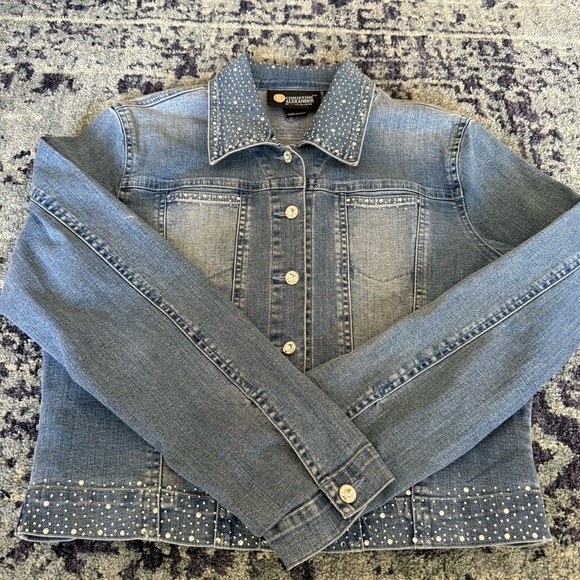 Y2K Christine Alexander Bedazzled Cropped Medium Wash Denim Jacket Size Small - Picture 2 of 7